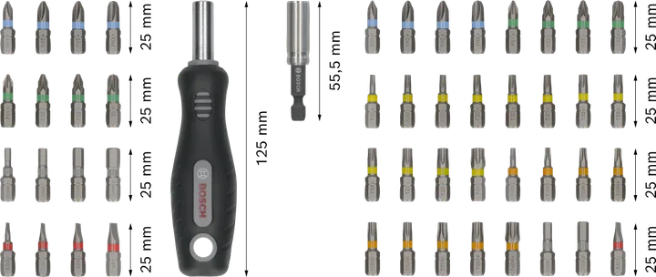 Jogo de pontas para chaves de fenda Bosch Extra Hard com cabo ergonômico.